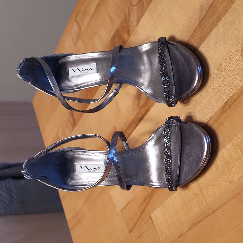 Nina NY Silver Mosiak Crystal Strapy Heels Zippered Back